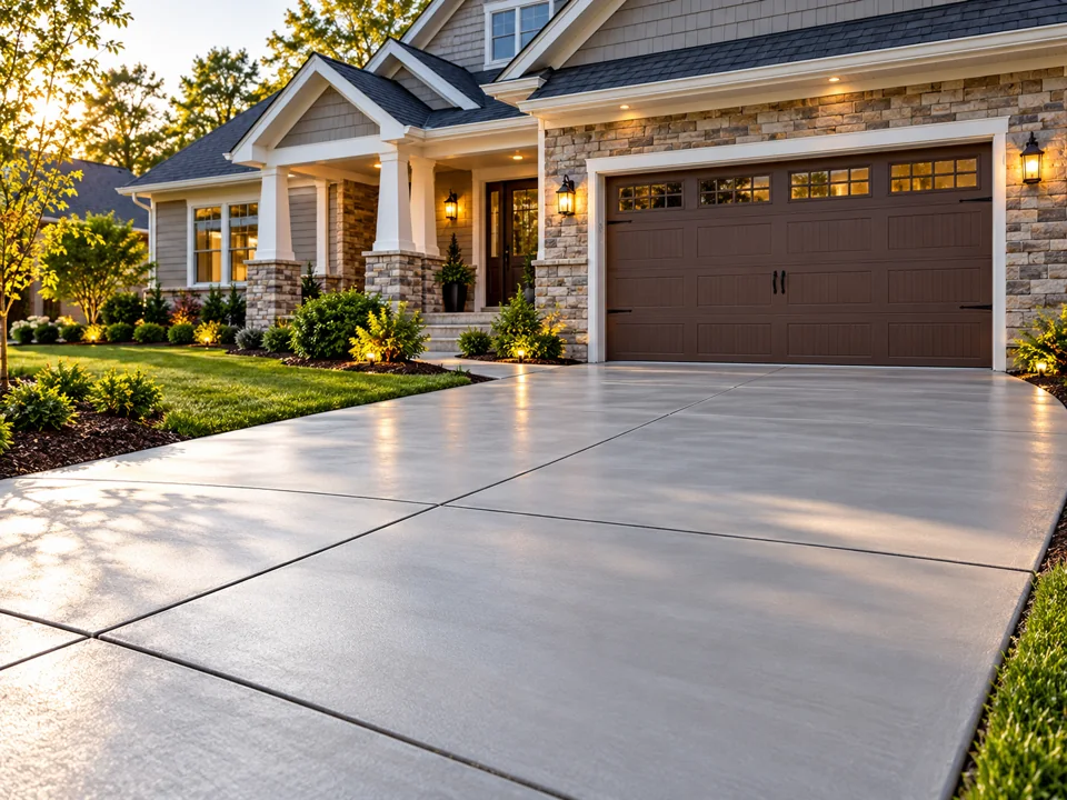 Freshly finished residential concrete driveway in front of a home