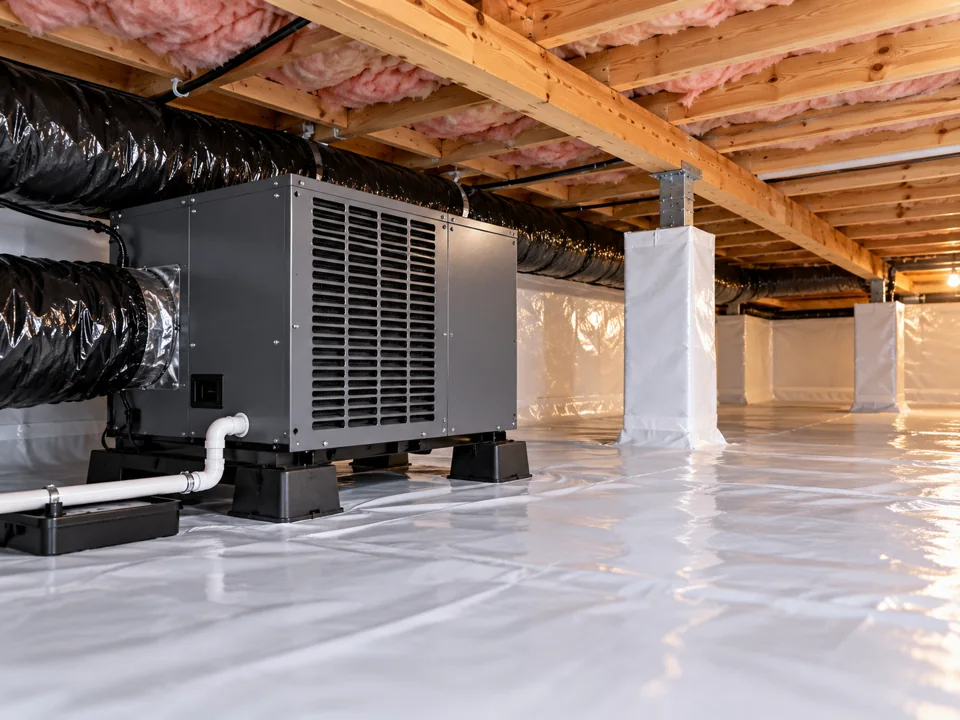 Crawl space dehumidifier professionally installed in a clean encapsulated area