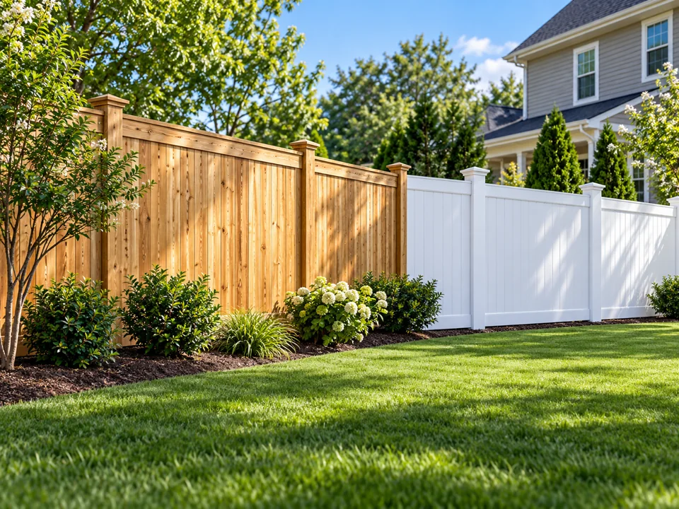 Residential backyard with wood fence and white vinyl fence installation