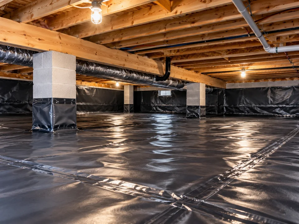 Dark vapor barrier professionally installed in a crawl space
