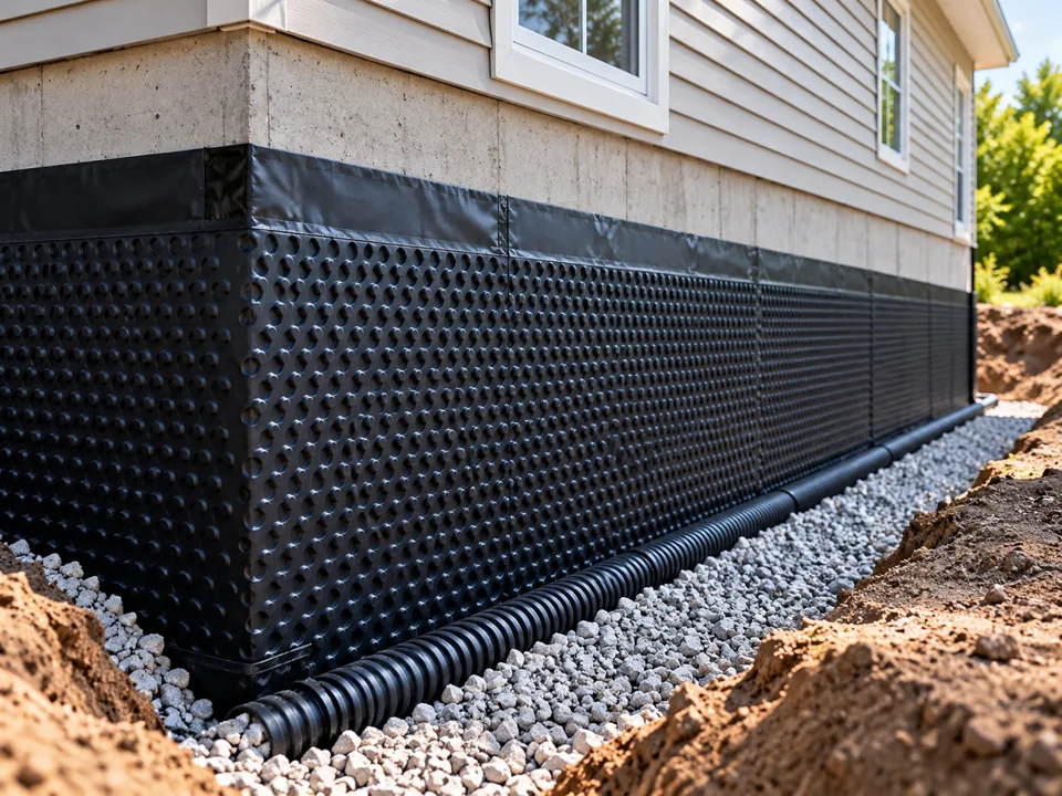 Residential foundation waterproofing membrane and drainage system